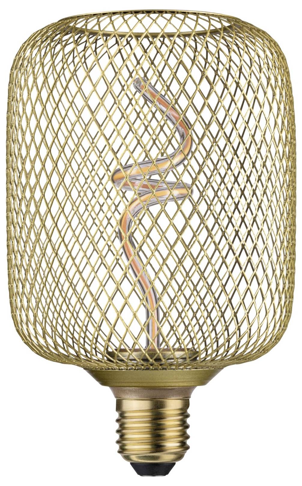 Une ampoule avec un boîtier en maille de laiton qui entoure l'ampoule de manière spiralée, lui confère un look vintage.