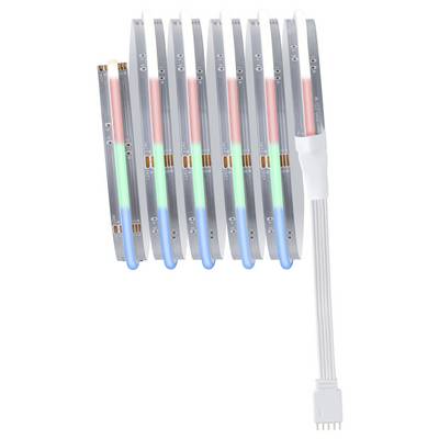 Bande de LED multicolore (rouge, vert, bleu) avec une connexion de câble blanche à l'extrémité, enroulée et disposée côte à côte.