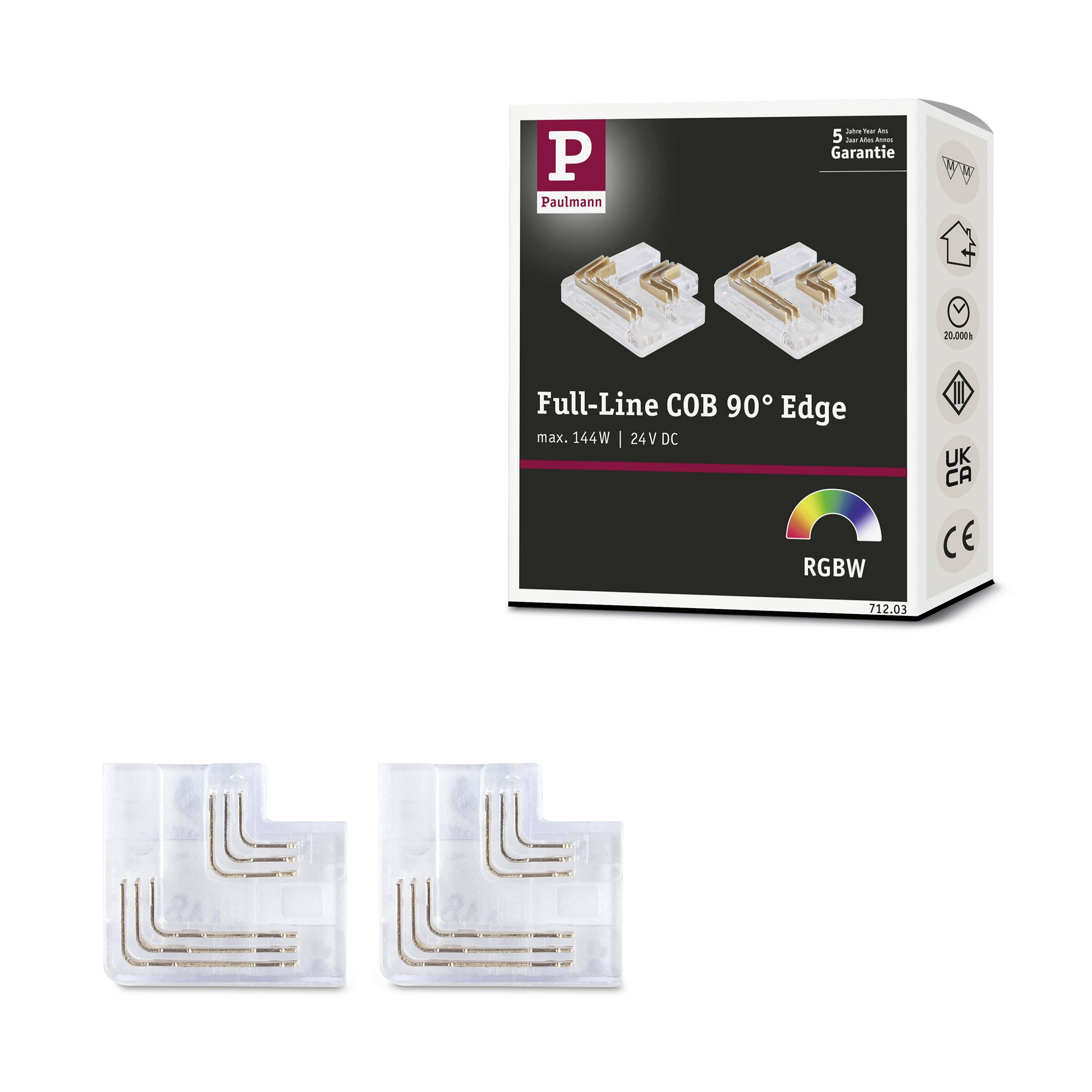 Lampes COB blanches en forme de L de Paulmann avec angle à 90° et options de couleurs RVBW, adaptées pour courant continu 24V, max. 144W. Emballage à droite.