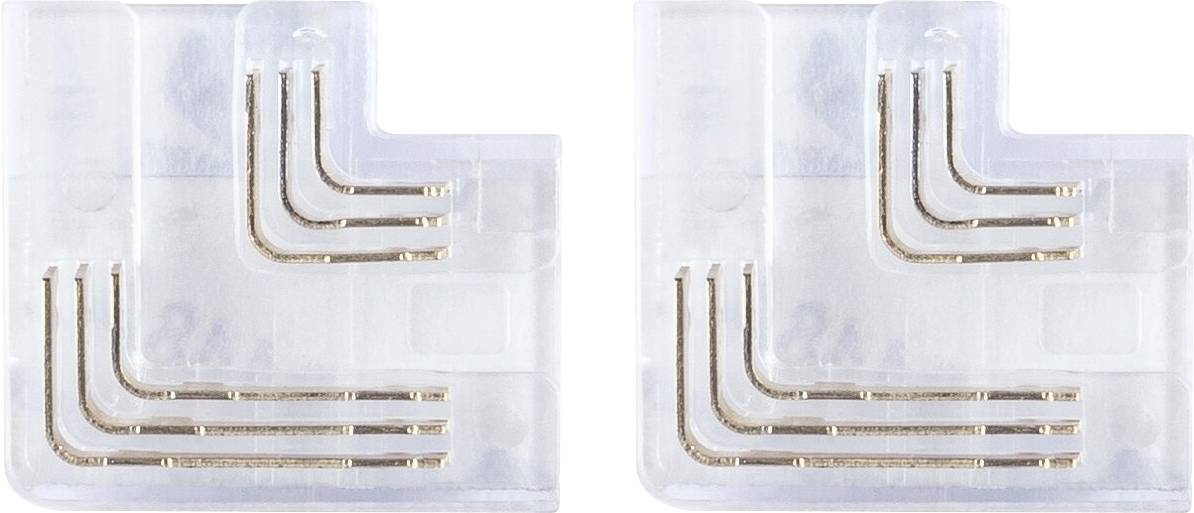 Deux connecteurs en plastique transparent avec contacts métalliques pour bandes LED flexibles, de forme carrée pour une utilisation en angle.