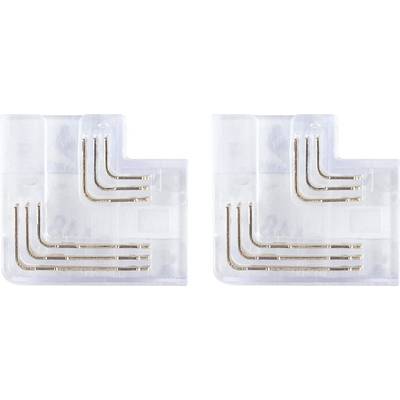 Deux connecteurs en plastique transparent avec contacts métalliques pour bandes LED flexibles, de forme carrée pour une utilisation en angle.
