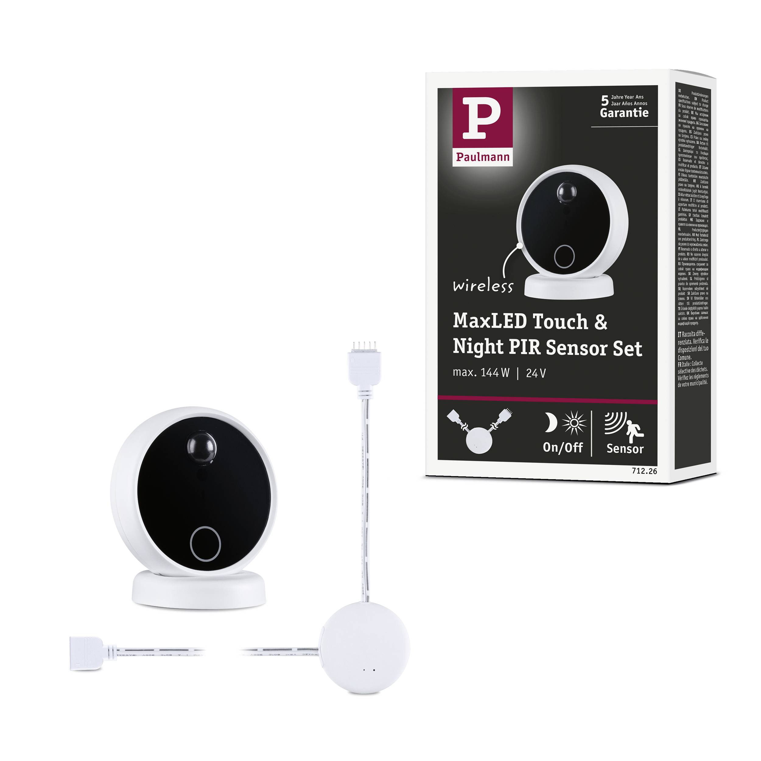 Une lampe à capteur PIR tactile et nocturne MaxLED sans fil, adaptée à une puissance maximale de 14W sous 24V. L'emballage présente les détails de garantie et du capteur.