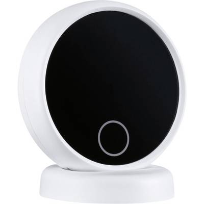 Un appareil rond, blanc et moderne avec un écran noir et un petit cercle en bas. Il semble s'agir d'un dispositif technique comme un capteur domotique ou une caméra.