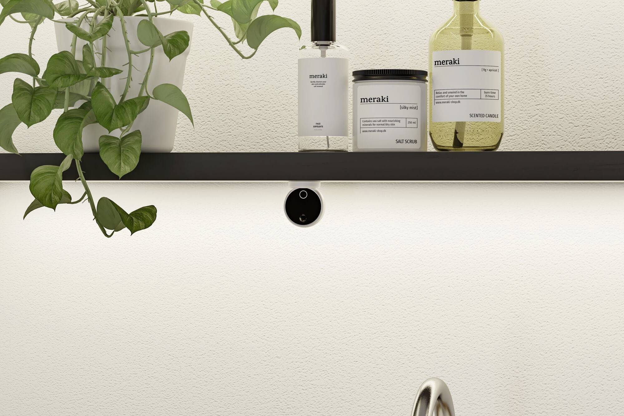 Un lavabo avec une tablette noire au-dessus, sur laquelle sont posés une plante et trois produits de soin.