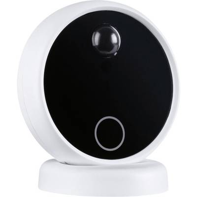 Une caméra de sécurité ronde blanche avec un panneau frontal noir et un design circulaire au bord inférieur.