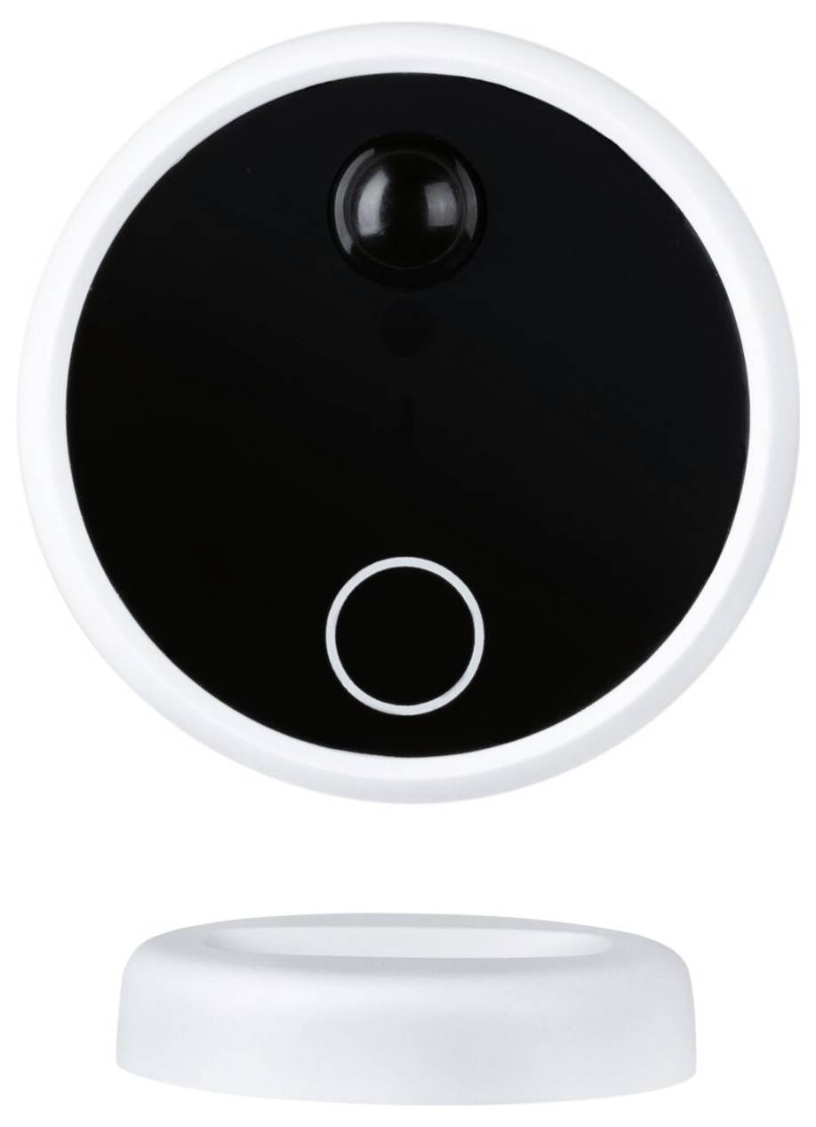 Capteur noir circulaire avec un bord blanc et un petit voyant LED situé sous une ouverture de caméra, utilisé pour la surveillance des mouvements.
