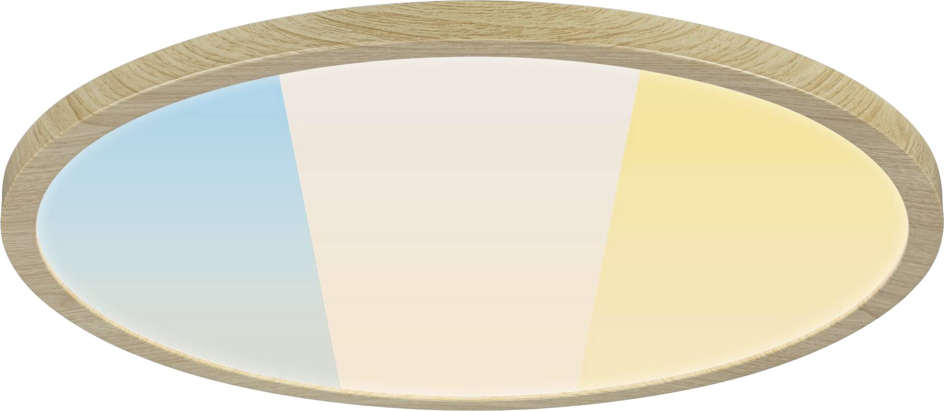 Plafonnier rond avec trois zones de couleur : bleu, blanc et jaune, doté d'un cadre à effet bois.