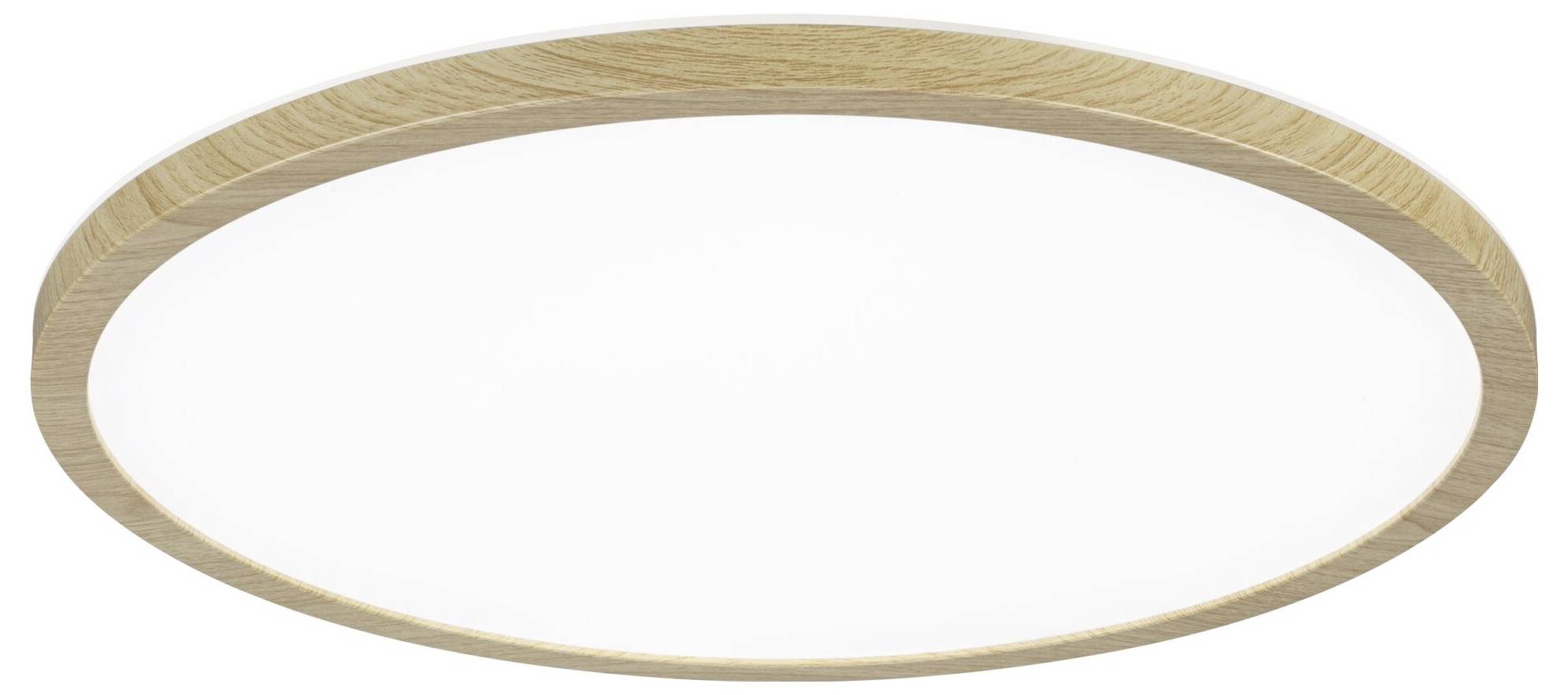 Luminaire de plafond rond et plat, encadré de bois ; design moderne et minimaliste.