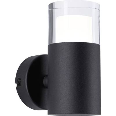 Applique murale cylindrique noire avec partie supérieure transparente, émettant une lumière vive. Design minimaliste.