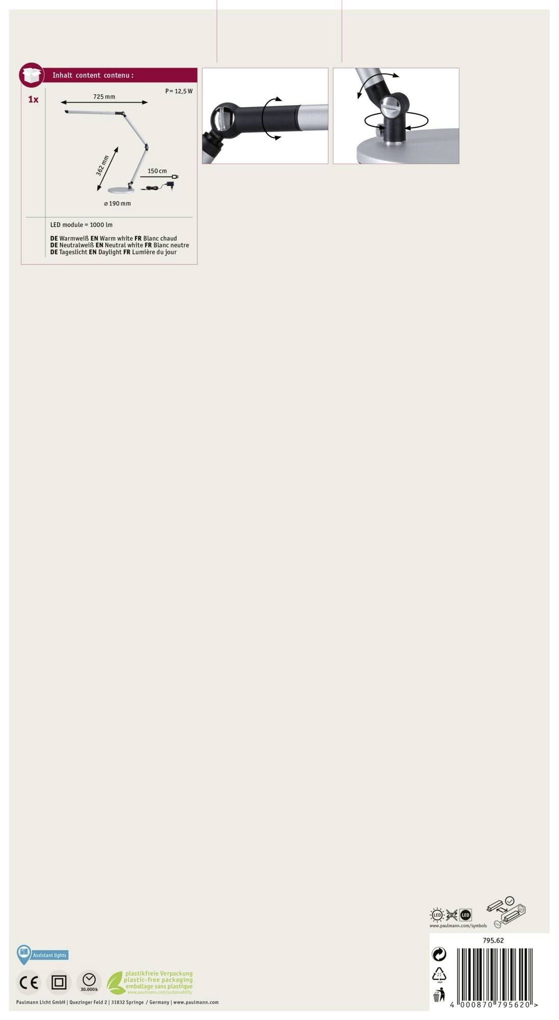 Instructions de montage pour un bras articulé avec dimensions et illustrations pour la fixation sur une table.