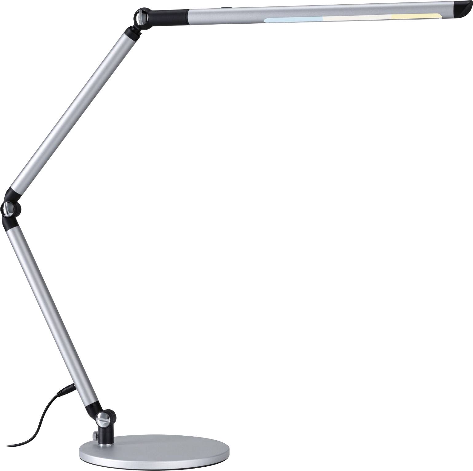 Une lampe de bureau moderne en argent avec un bras ajustable et un socle rond, allumée.