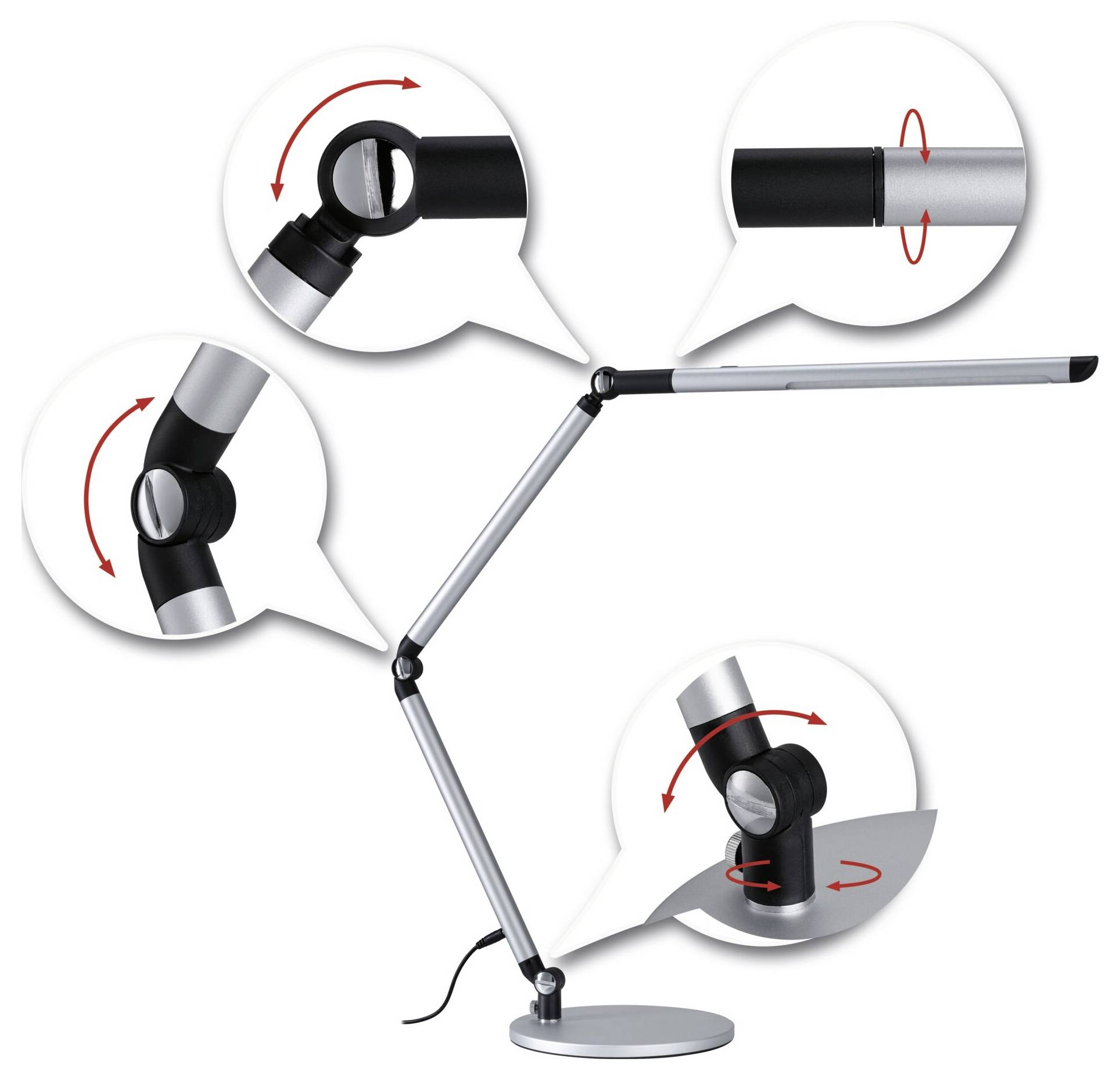 Lampe de bureau réglable à articulations multiples. Les vues en détail montrent les points de rotation et d'inclinaison pour un positionnement flexible.