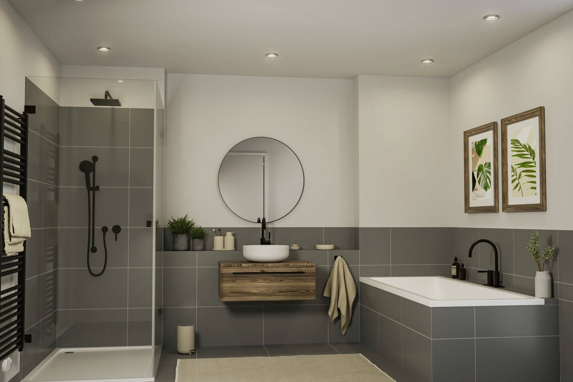 Salle de bain moderne avec carrelage gris, douche ouverte, miroir rond au-dessus d'un lavabo en bois et une baignoire.