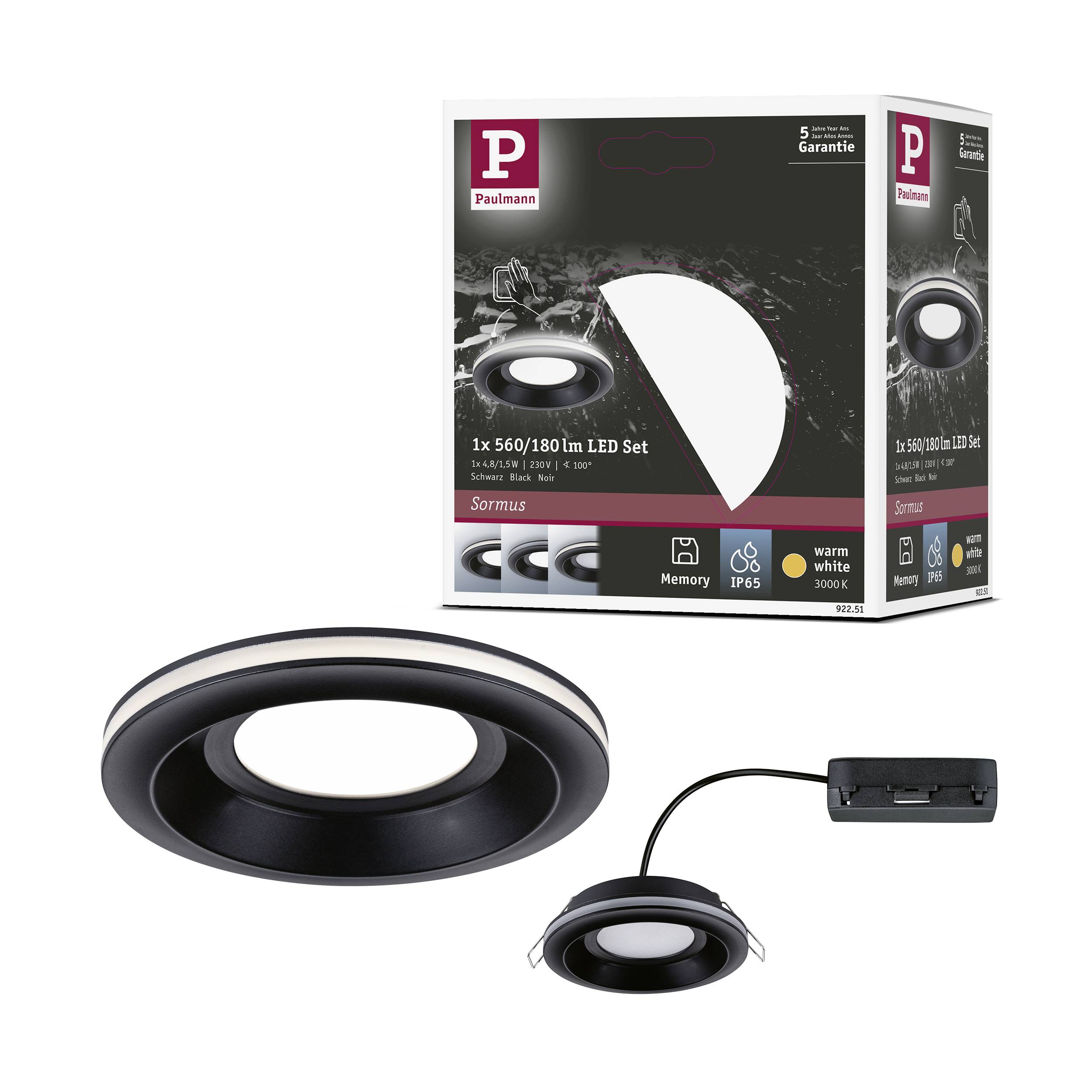 Un ensemble de spots encastrables LED Paulmann de 180 lumens, avec une lumière blanc chaud, un boîtier noir et une garantie de 5 ans, présenté avec son emballage.