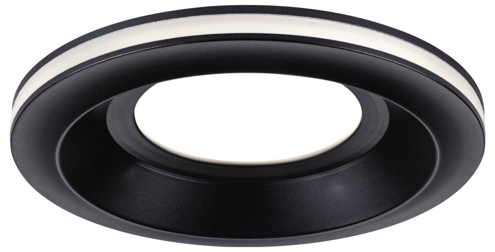 Plafonnier LED rond noir avec une bande lumineuse blanche centrale, adapté aux espaces intérieurs modernes.
