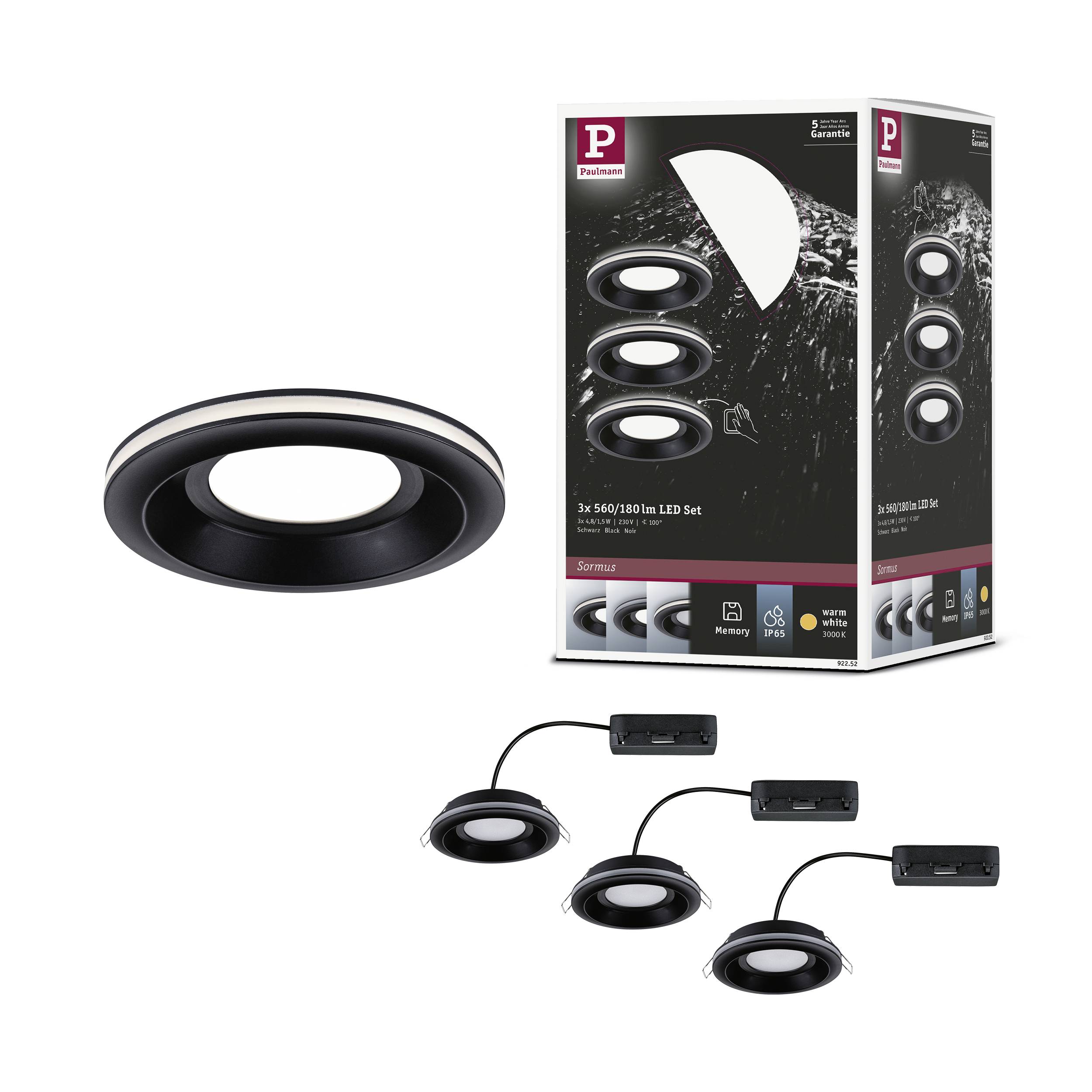 Trois lampes LED encastrables de plafond noir à côté de l'emballage. Lot de 3 avec fonction de variation d'intensité et température de couleur de 6500K.