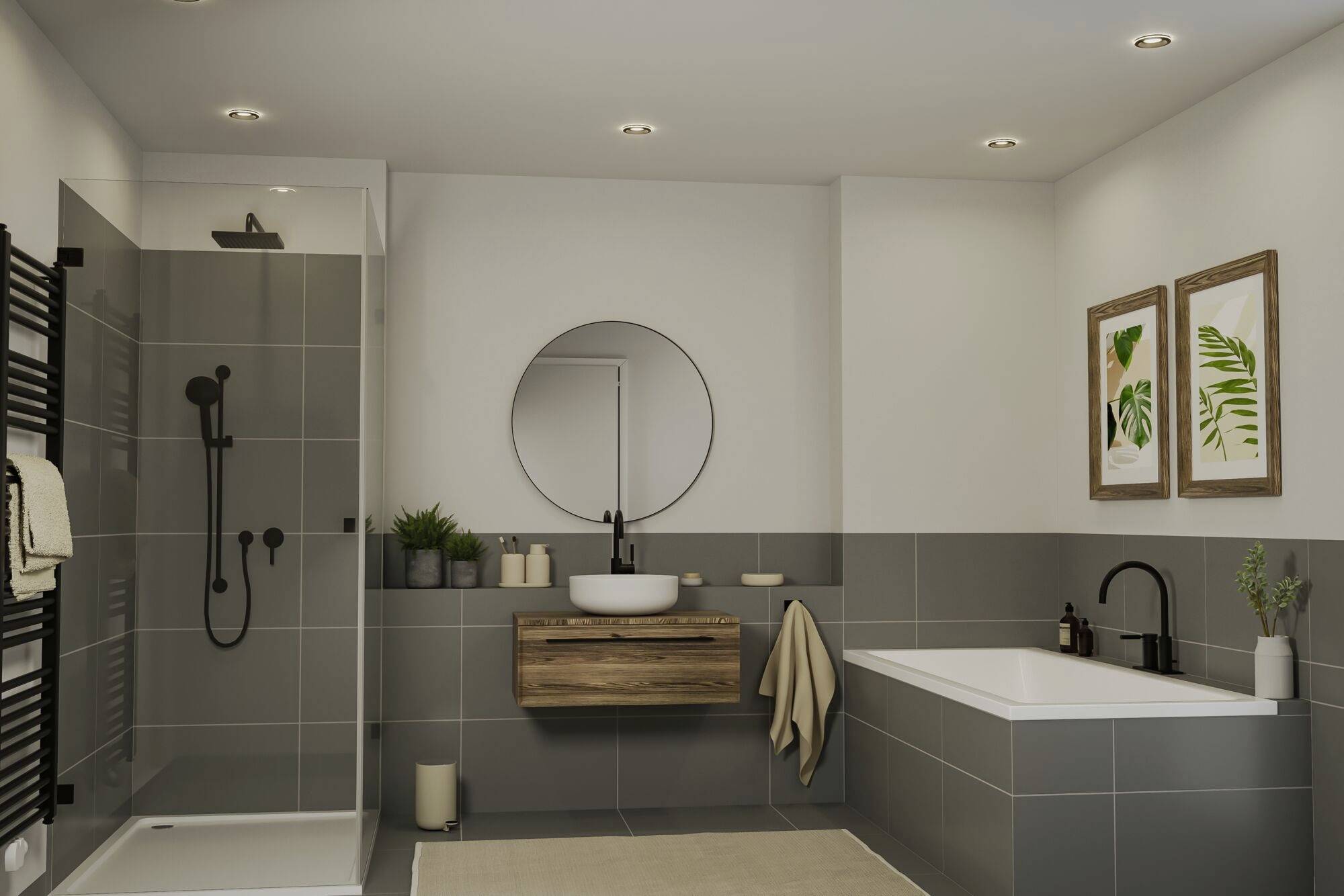 Salle de bain moderne avec des carreaux gris, une douche à gauche, un lavabo en bois au centre et une baignoire à droite. Un tapis beige est posé au sol.