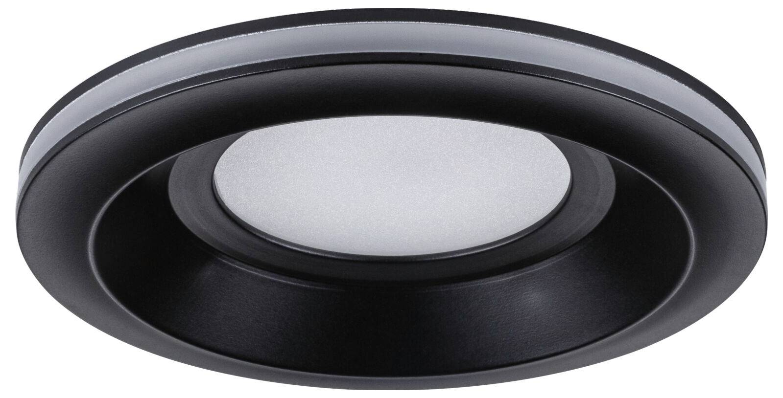 Un projecteur noir rond avec un diffuseur lumineux blanc central, adapté à un montage au plafond dans un style moderne.