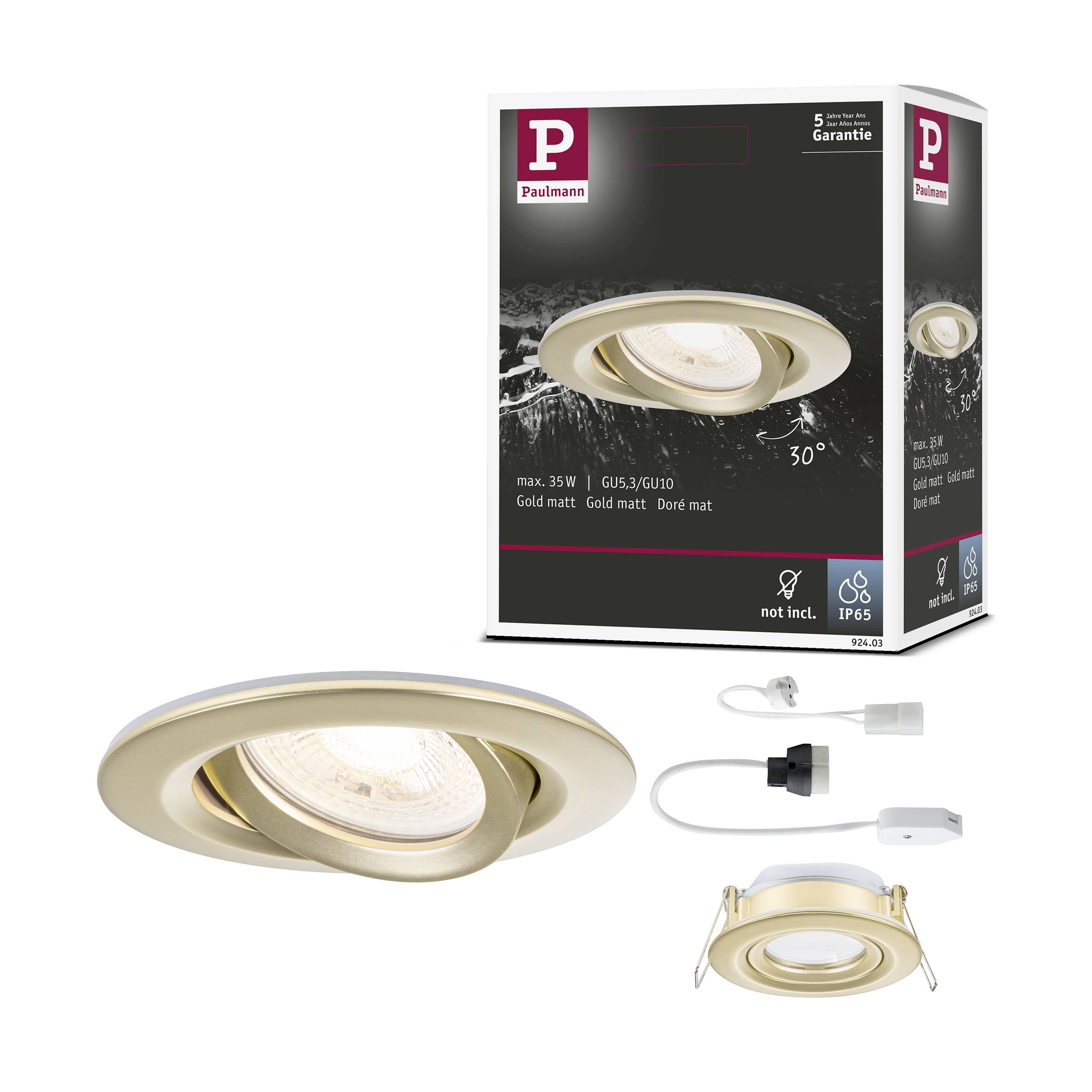 Ensemble de spots de plafond avec surface dorée mate, comprenant un luminaire encastrable, un câble et un adaptateur. L'emballage présente les détails du produit.