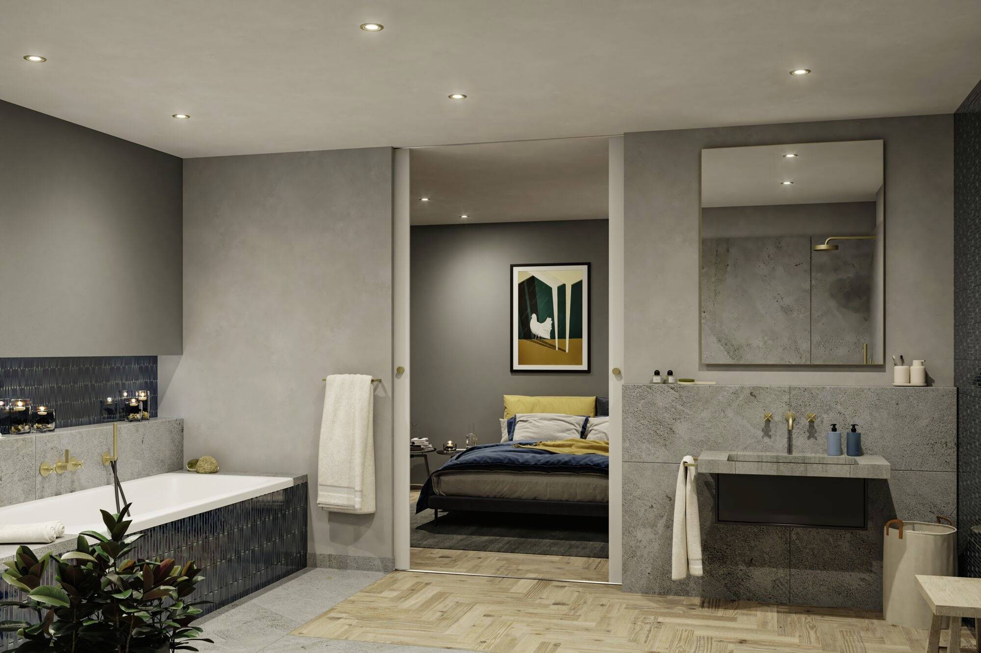 Salle de bain moderne avec baignoire à gauche, grand miroir à droite et une chambre à coucher en arrière-plan. Des couleurs neutres dominent.