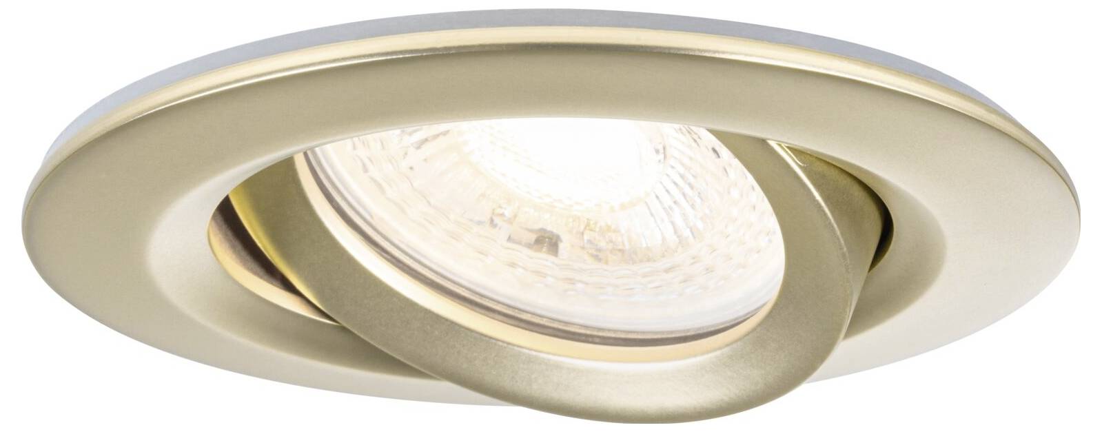 Un luminaire encastré ajustable au cadre doré présente un design rond et diffuse une lumière éclatante.