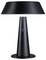 Lampe de table noire avec un grand abat-jour, un design moderne et un socle rond.