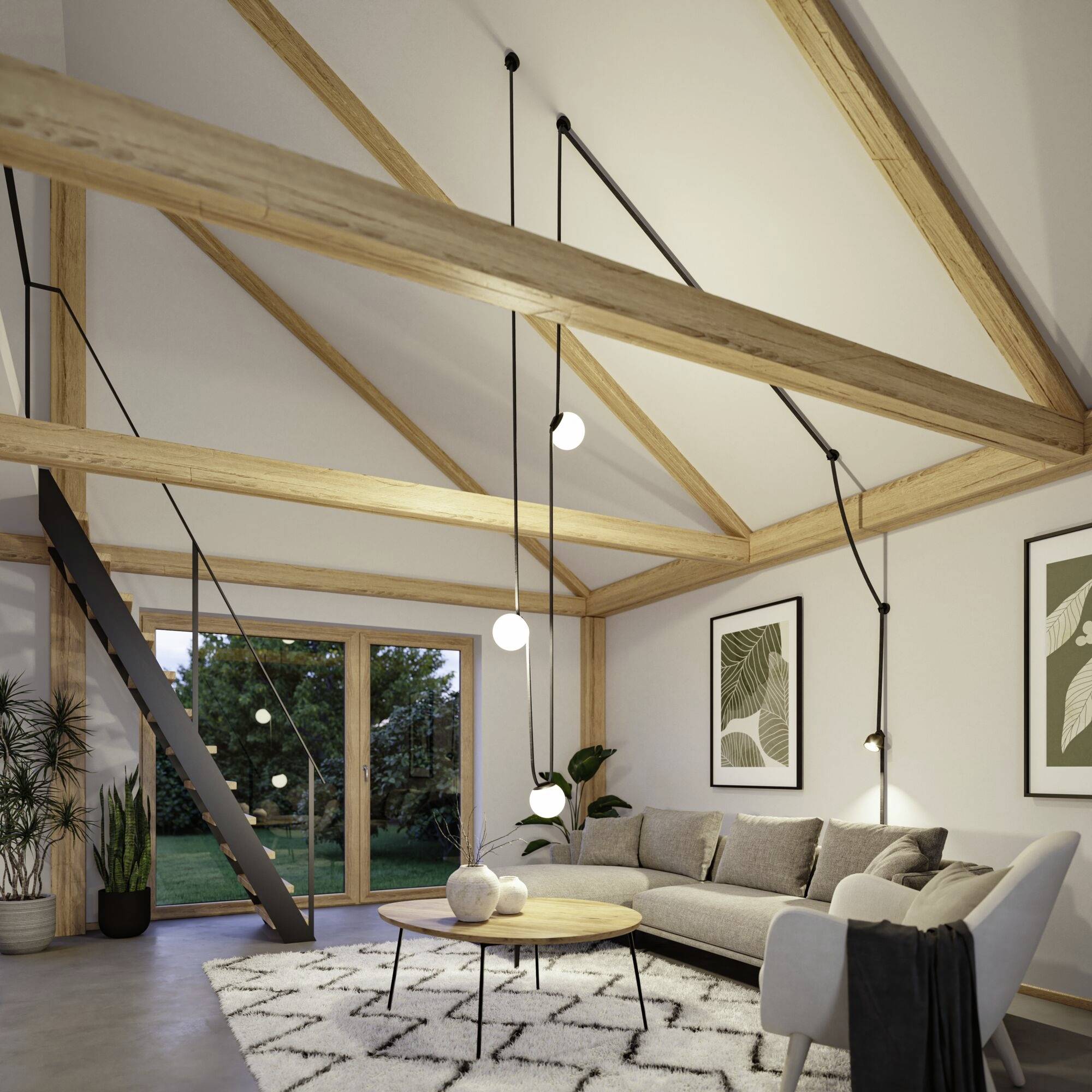 Salon lumineux avec un plafond à poutres en bois, des meubles modernes et de grandes fenêtres. Ambiance chaleureuse avec des plantes et des œuvres d'art murales.