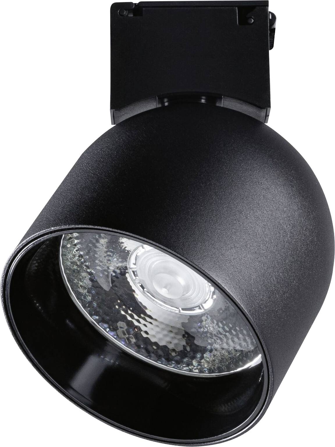 Spot de plafond noir avec boîtier rond et lampe LED apparente, adapté pour un éclairage ciblé des espaces ou des objets.