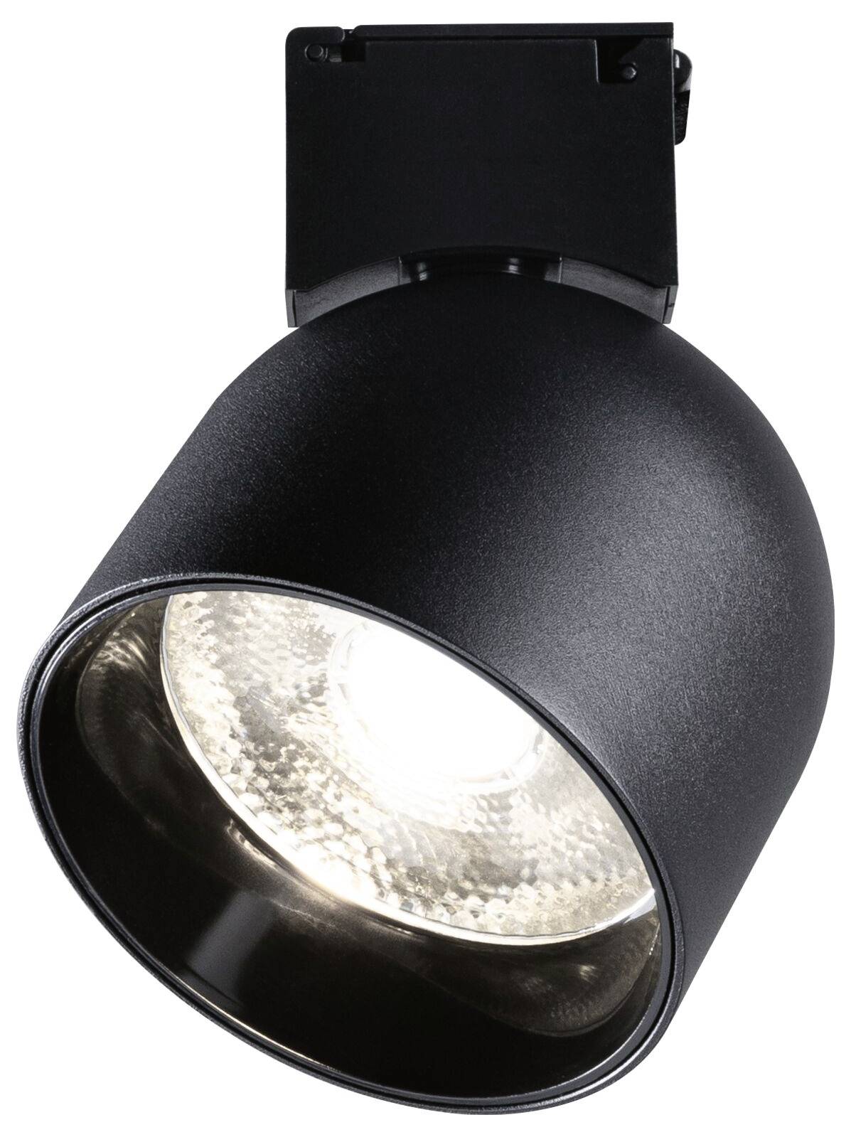 Un plafonnier noir au design rond et moderne, avec un éclairage LED lumineux en son centre.
