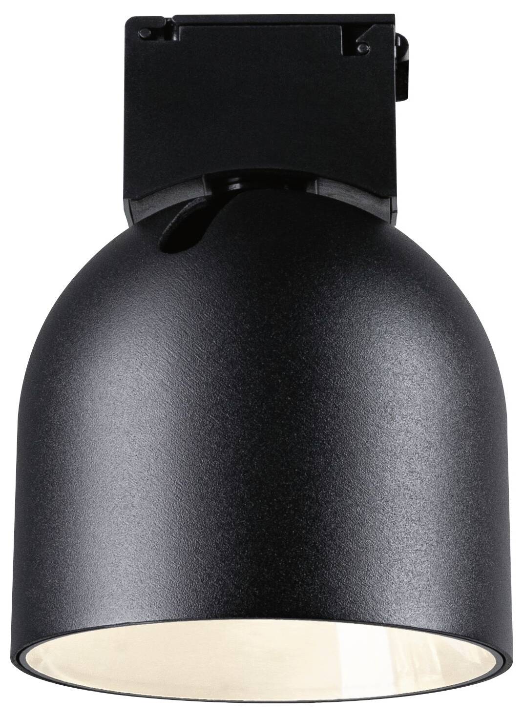 Une lampe suspendue noire, moderne, au design simple en forme de dôme et à finition mate, est suspendue au plafond.