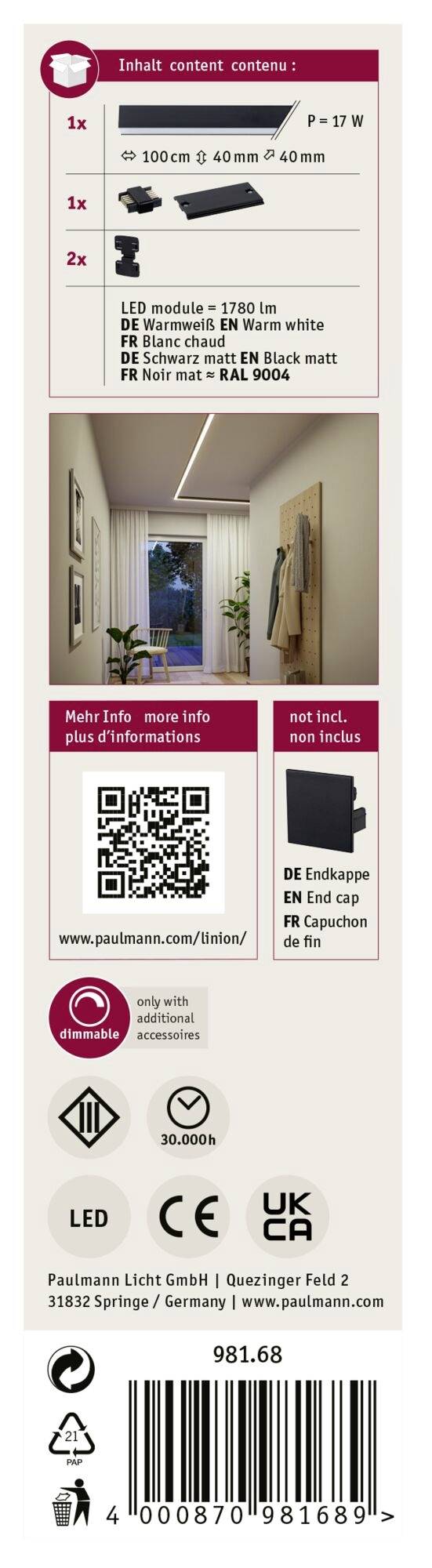 L'image montre un emballage de produit pour un luminaire LED. Il comprend un plafonnier, un module LED, un code QR et des informations de garantie.