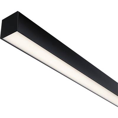 Plafonnier LED linéaire avec boîtier noir. Il diffuse une lumière douce et uniforme. Idéal pour les intérieurs modernes de salon ou de bureau.