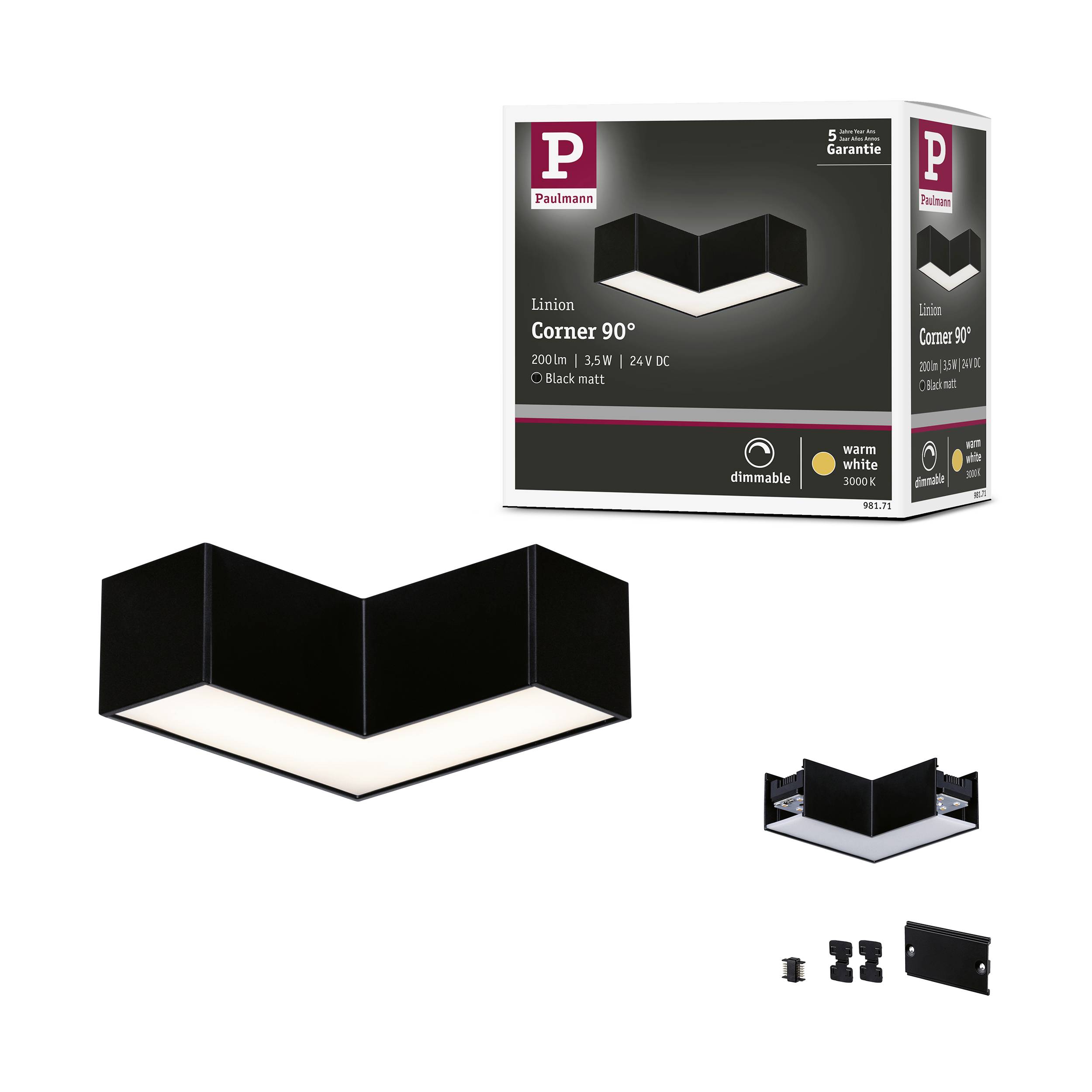 'Applique d'angle LED originale en noir de Paulmann avec fonction variateur, angle de 90 degrés, adaptée à un éclairage intérieur élégant.'