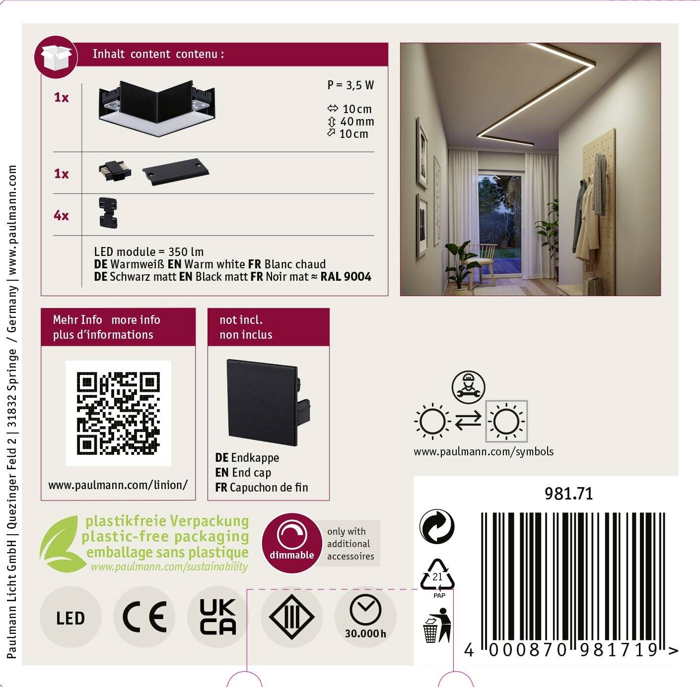 'Module LED de 3,5 W, lumière blanc chaud, dimmable. Contient des modules noirs et blancs, capuchon d'extrémité. Fabriqué par Paulmann.'
