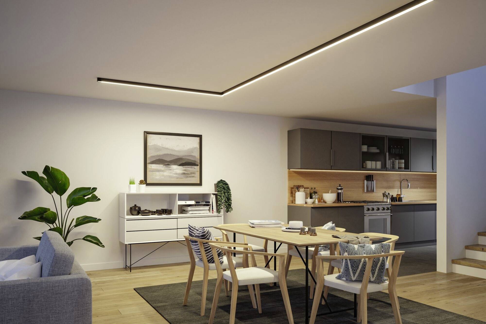 Cuisine moderne et espace repas, aménagés de manière minimaliste avec une table en bois, des chaises, des plantes et un placard, éclairés par des luminaires de plafond discrets.