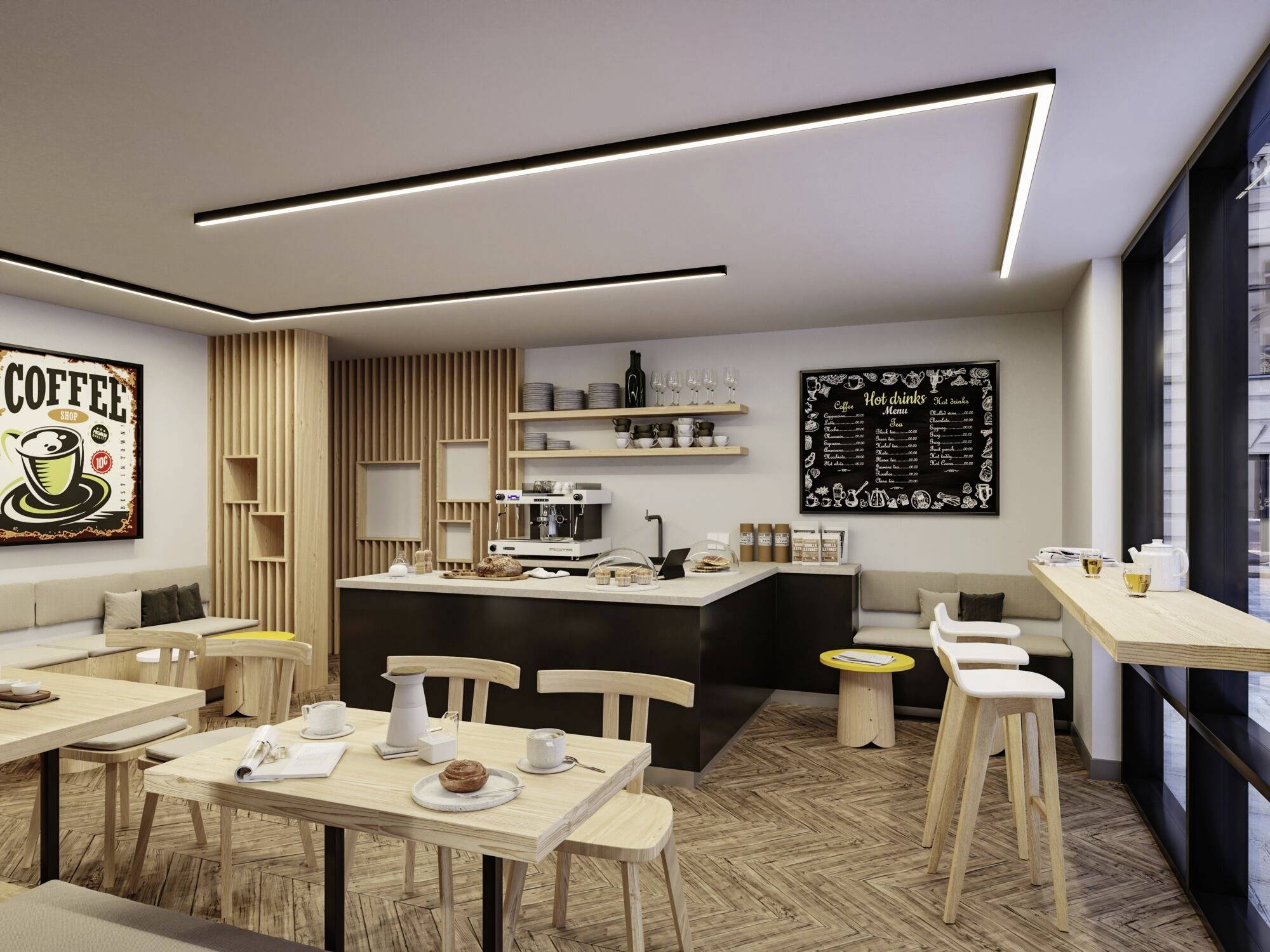 Un café moderne avec des meubles en bois. À gauche, un poster 'Coffee' est accroché, à droite un tableau avec le menu. Les tables sont dressées avec de la vaisselle et des pâtisseries.