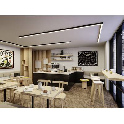 Un café moderne avec des meubles en bois. À gauche, un poster 'Coffee' est accroché, à droite un tableau avec le menu. Les tables sont dressées avec de la vaisselle et des pâtisseries.