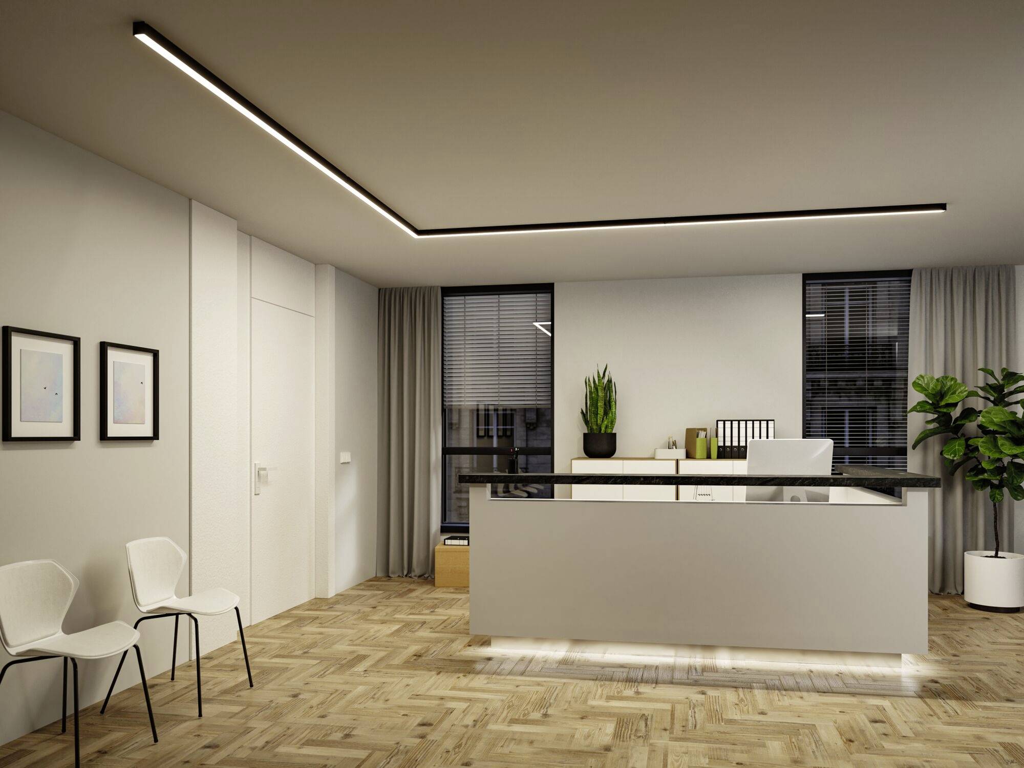 Espace d'accueil dans un bureau moderne avec un comptoir de réception blanc, deux chaises à gauche, des plantes et de grandes fenêtres en arrière-plan.