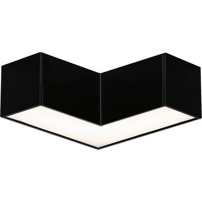 Plafonnier carré noir à forme en V, diffusant une lumière claire et diffuse vers le bas. Design moderne pour intérieurs.