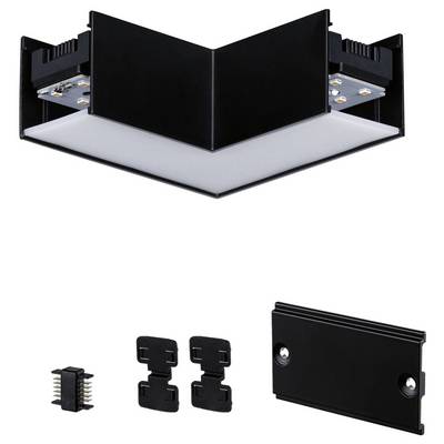 Connecteur LED noir en forme d'équerre pour luminaires de plafond. Comprend deux capuchons d'extrémité noirs et de petites pièces de jonction.