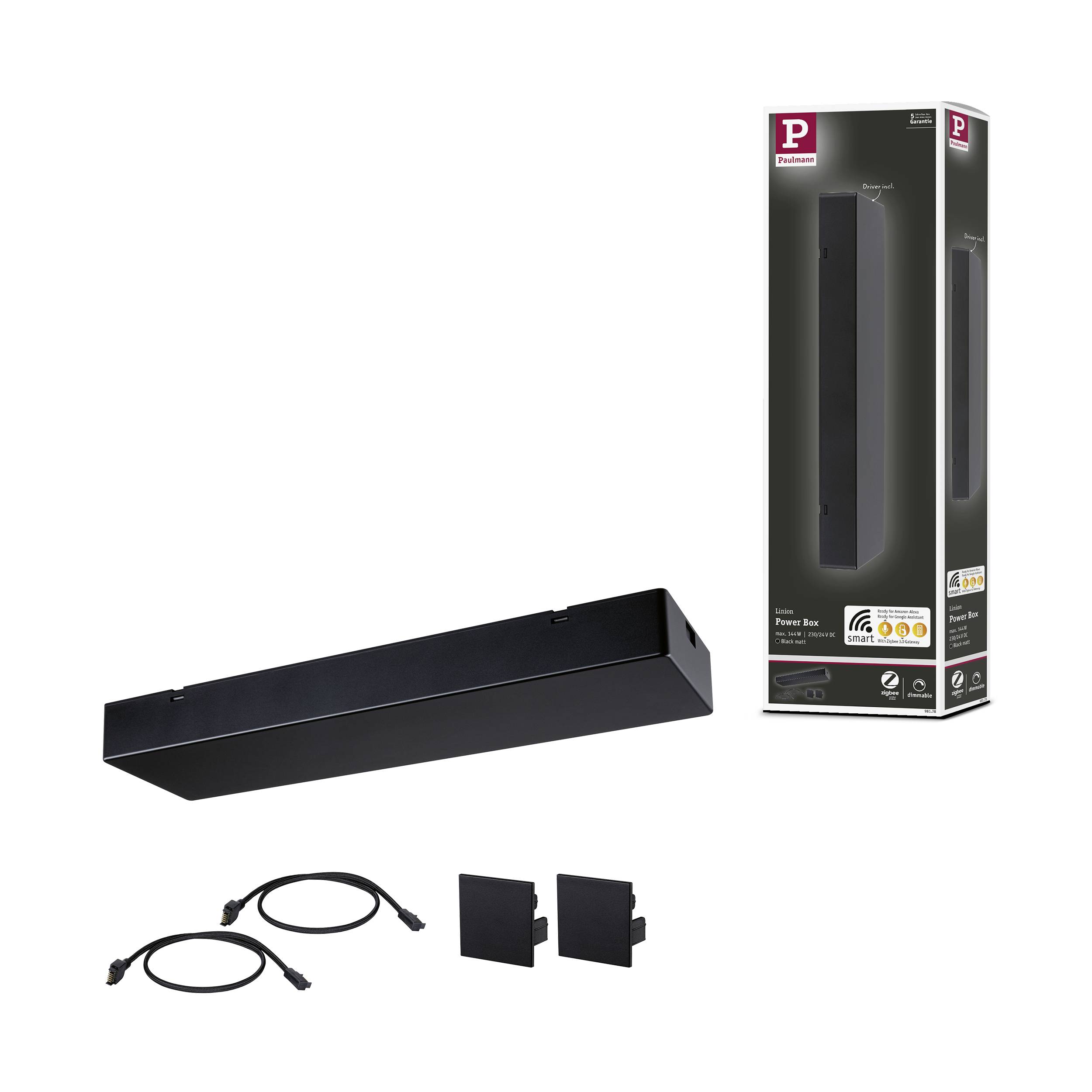 Un thermostat de radiateur connecté noir de la marque 'P', présenté avec son emballage, deux câbles et accessoires de montage.