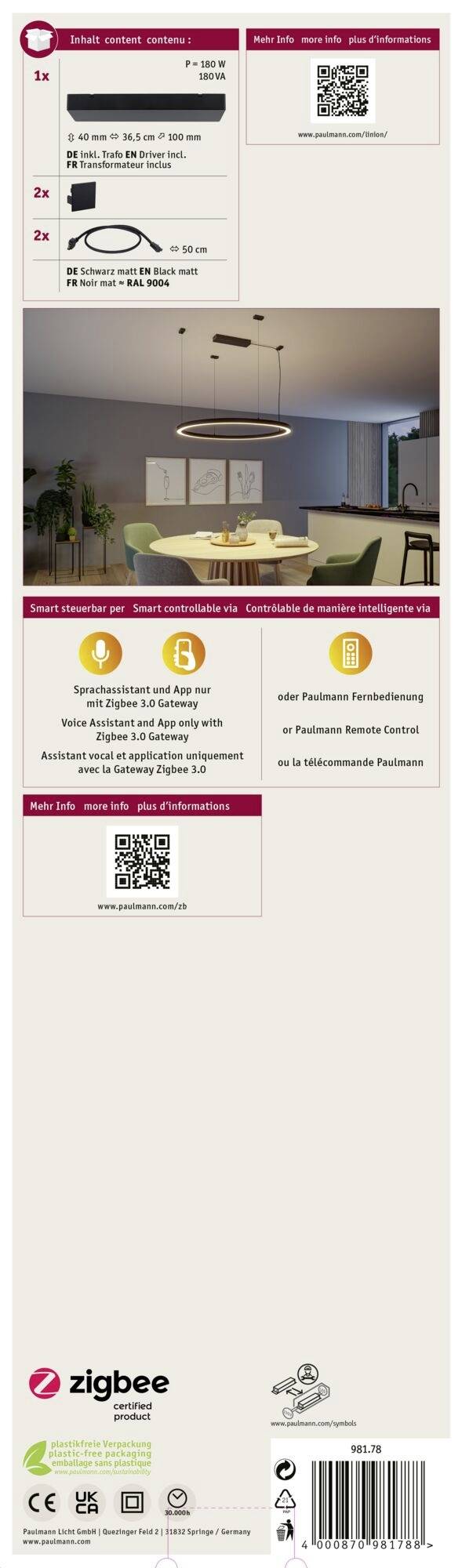 Image d'un plafonnier Philips Hue compatible Zigbee. Montre une salle à manger avec un éclairage LED circulaire allumé au-dessus d'une table.