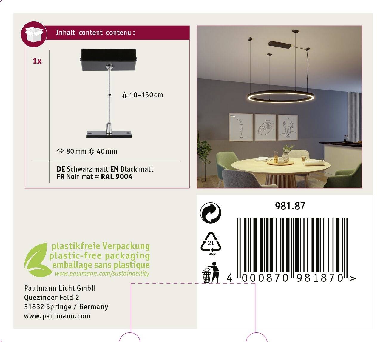 Contenu : 1x Luminaire, hauteur 10-150 cm, Ø 80 mm, 40 mm. Image du produit : Salle à manger avec une lampe ronde au-dessus de la table.