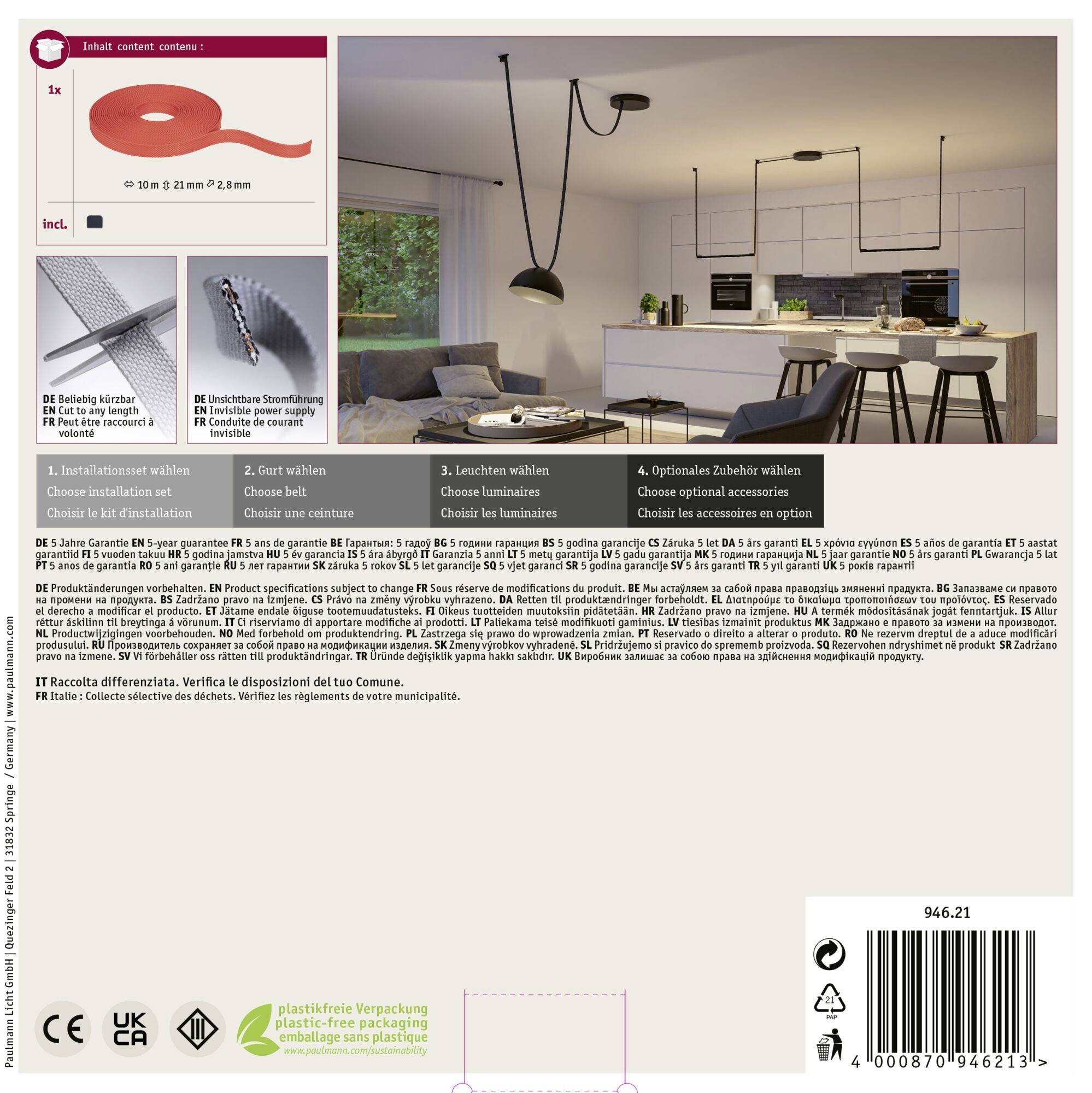 'Notice de montage pour installation lumineuse. Présente la liste des pièces, le montage des fixations et le résultat final dans une cuisine moderne.'