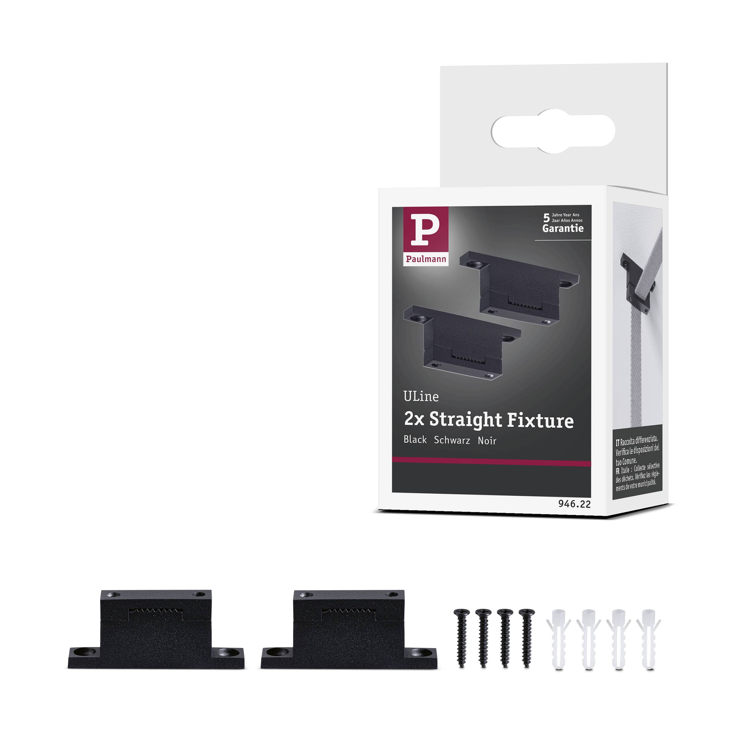 Deux supports noirs droits avec matériel de fixation. L'emballage montre l'image des supports, de la marque 'Paulmann', et inclut une garantie de cinq ans.