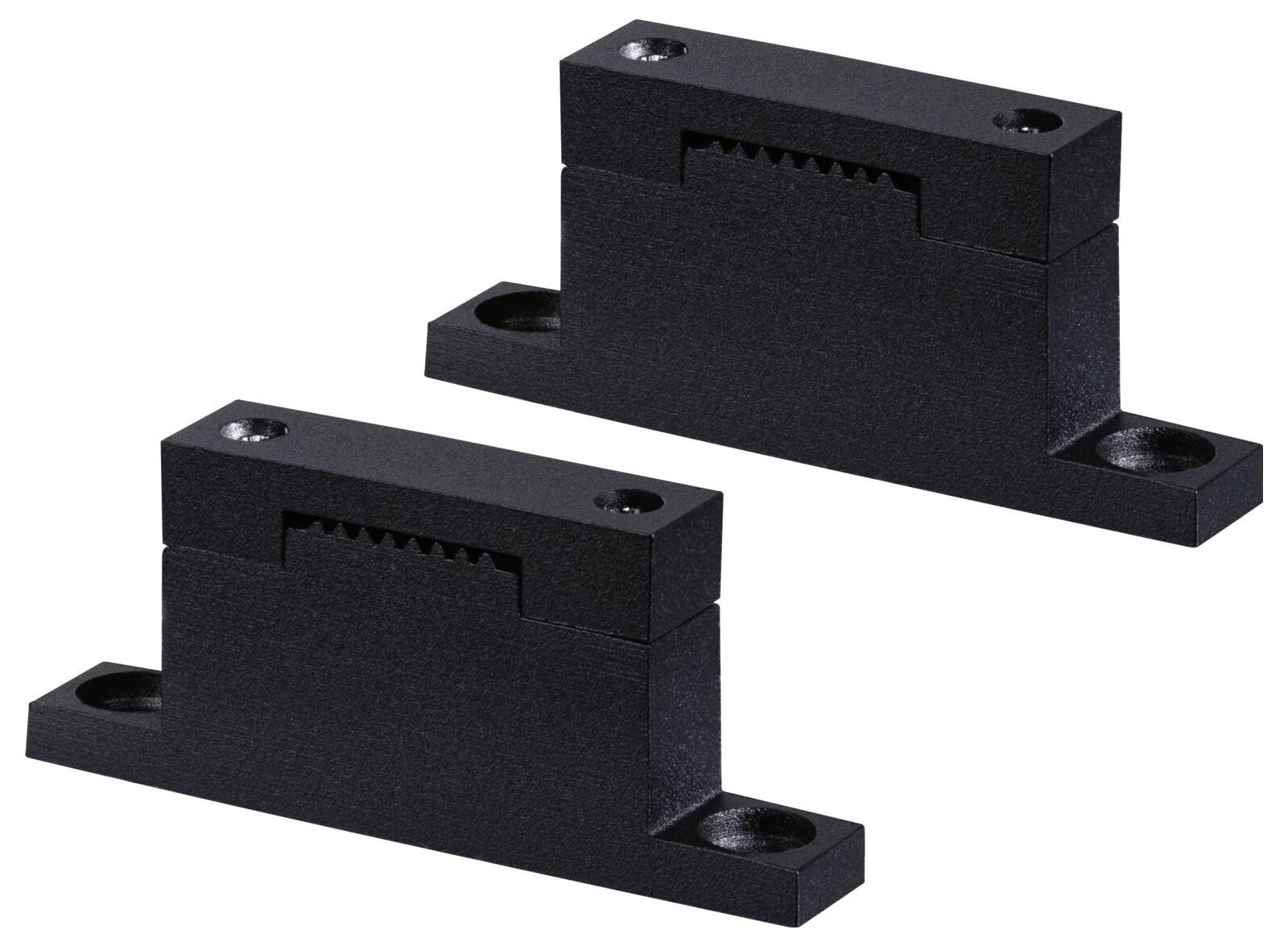 Deux capteurs de porte magnétiques noirs de forme rectangulaire. Ils sont fixés sur un socle rectangulaire pourvu de trous de montage pour vis.