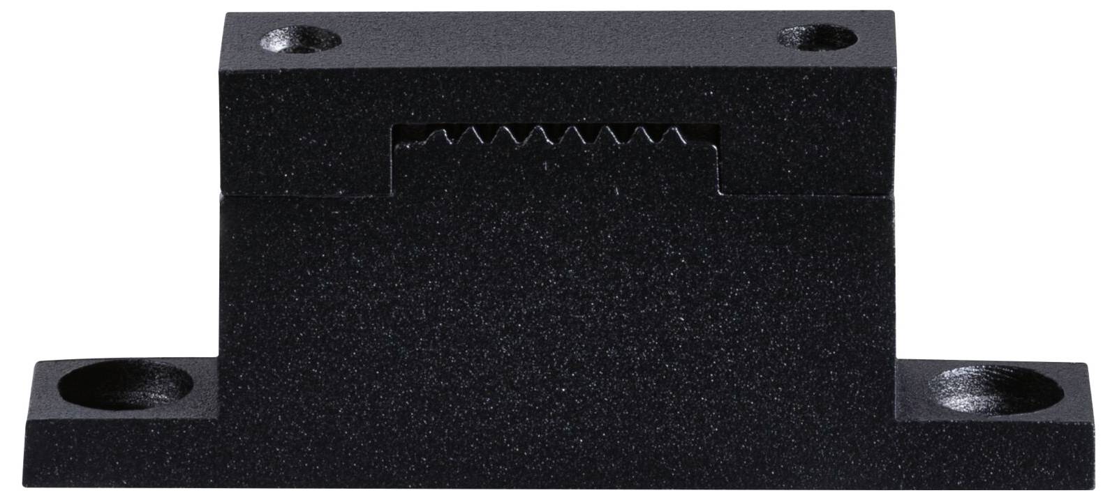 Pièce rectangulaire noire à partie supérieure dentelée et quatre trous de vis, utilisée comme support ou butée dans des applications techniques.