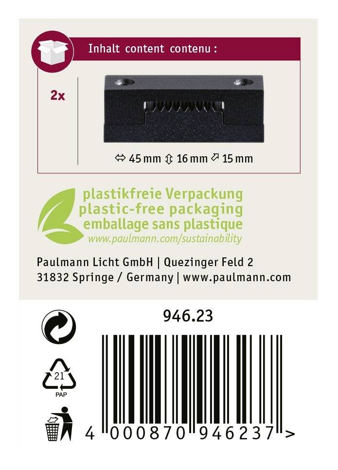 Contenu : 2 clips d'emballage sans plastique. Dimensions : 45 mm x 16 mm x 15 mm. Emballage durable. Code-barres : 946.23.
