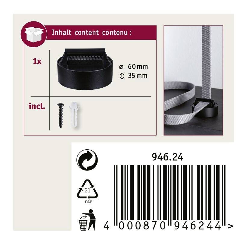 'Contenu' Symbole indique 1x capuchon de fixation (60 mm, 35 mm), avec vis et cheville. Image d'une sangle avec capuchon. Code-barres en bas.