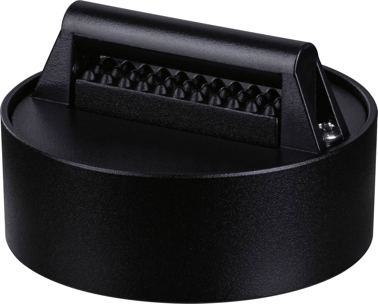 Une presse à hamburger ronde et noire avec une poignée cannelée, idéale pour façonner des galettes de viande ou de légumes.